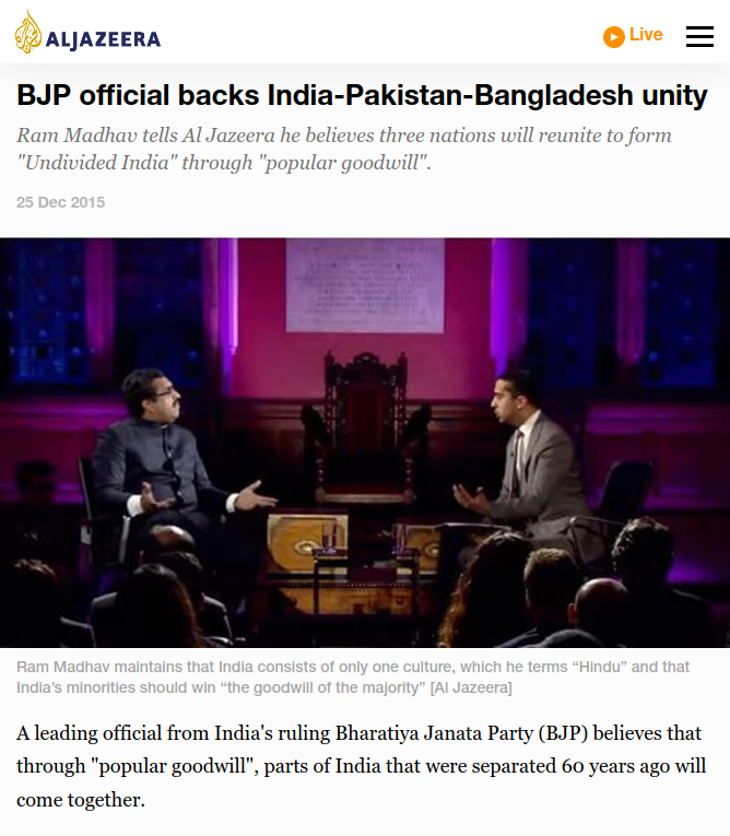 BJP Official backs India, Pakistan & Bangladesh Unity